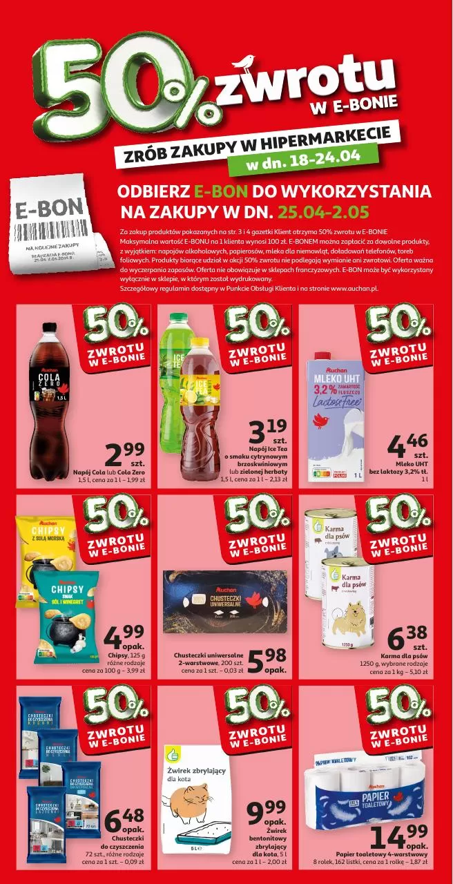 Gazetka promocyjna Auchan. Tytuł: 50% zwrotu w e-bonie . Oferta obowiązuje: 18.04 - 24.04