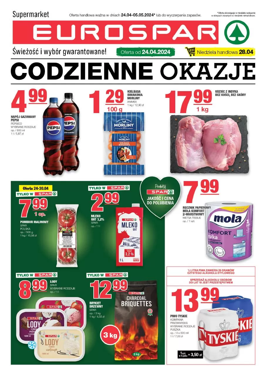 Ulotka gazetka promocyjna: Supermarket Spar. Świeżość i wybór gwarantowane! ze sklepu Spar dostępna od 24.04 do 05.05